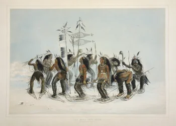 El Baile de la Raqueta de Nieve, de la Cartera de Indios Norteamericanos de Catlin. Escenas de Caza y Diversiones de las Montañas Rocosas y Praderas de América, pub. 1845